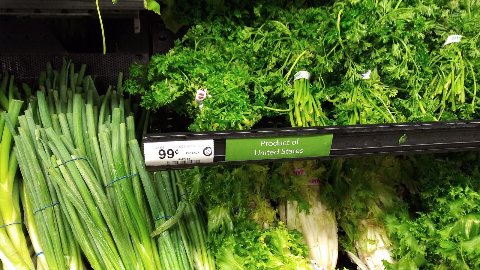 Parsley marked 99 cents each beside green onions in a Florida grocery store produce case