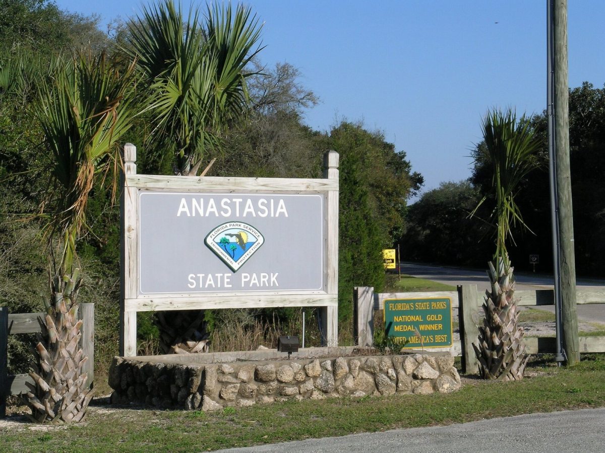 The Anastasia State Park entrance sign, photographed for the A1A Scenic and Historic Coastal Byway.