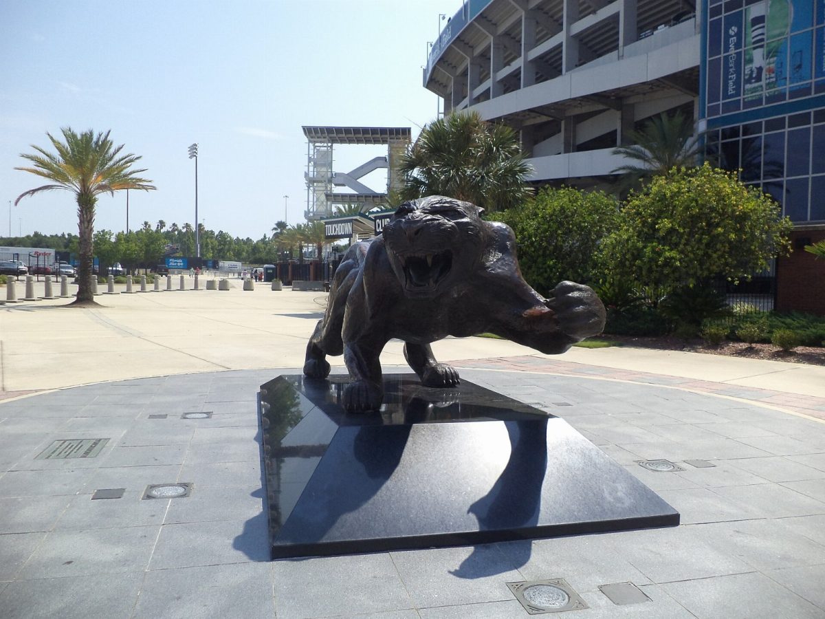 The jaguar statue outside the stadium's Touchdown Club West entrance.