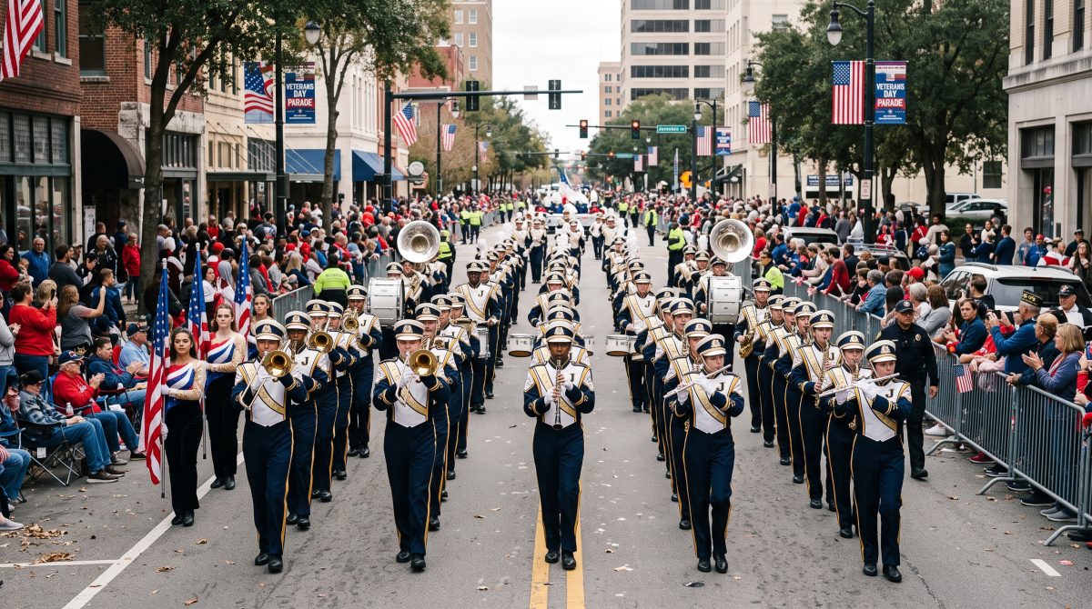 A marching band makes its way down Bay Street as crowds gather to watch the annual Jacksonville Veterans Day Parade.
