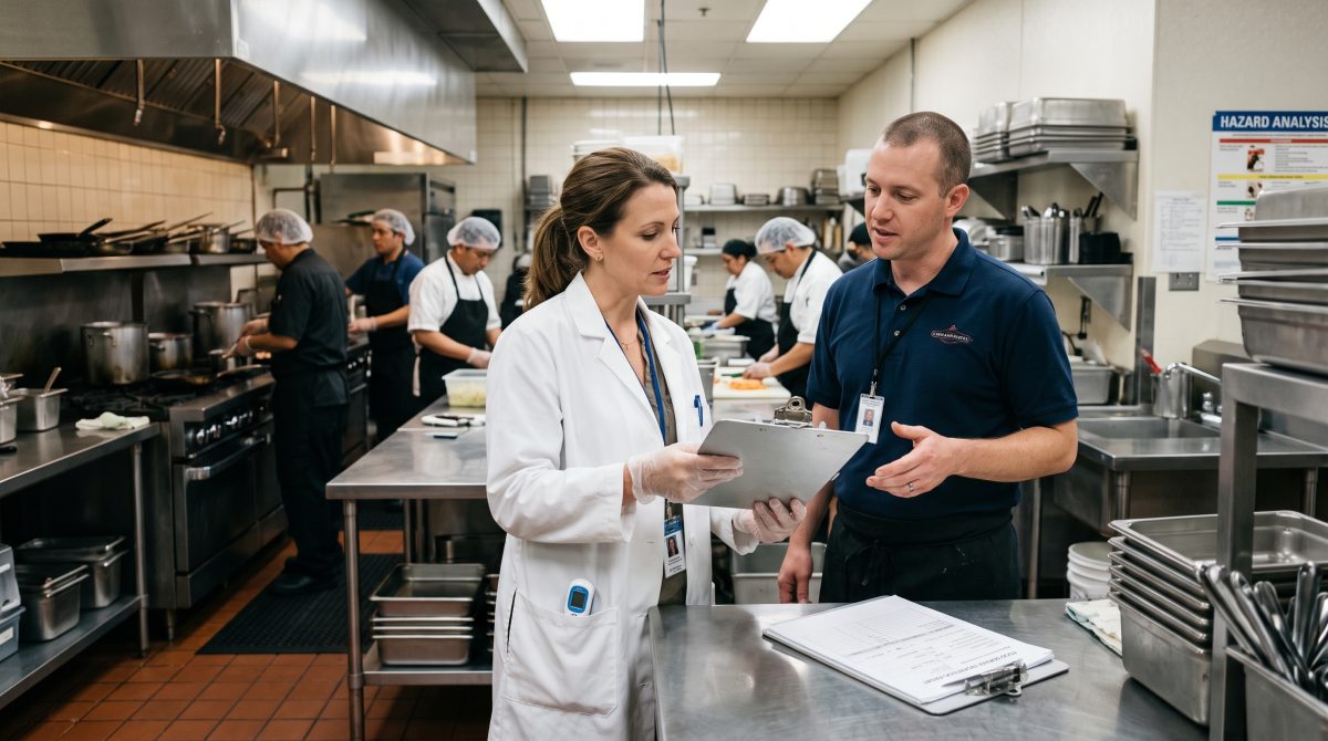 A state health inspector checks food temperatures on a kitchen prep line during a routine restaurant inspection.