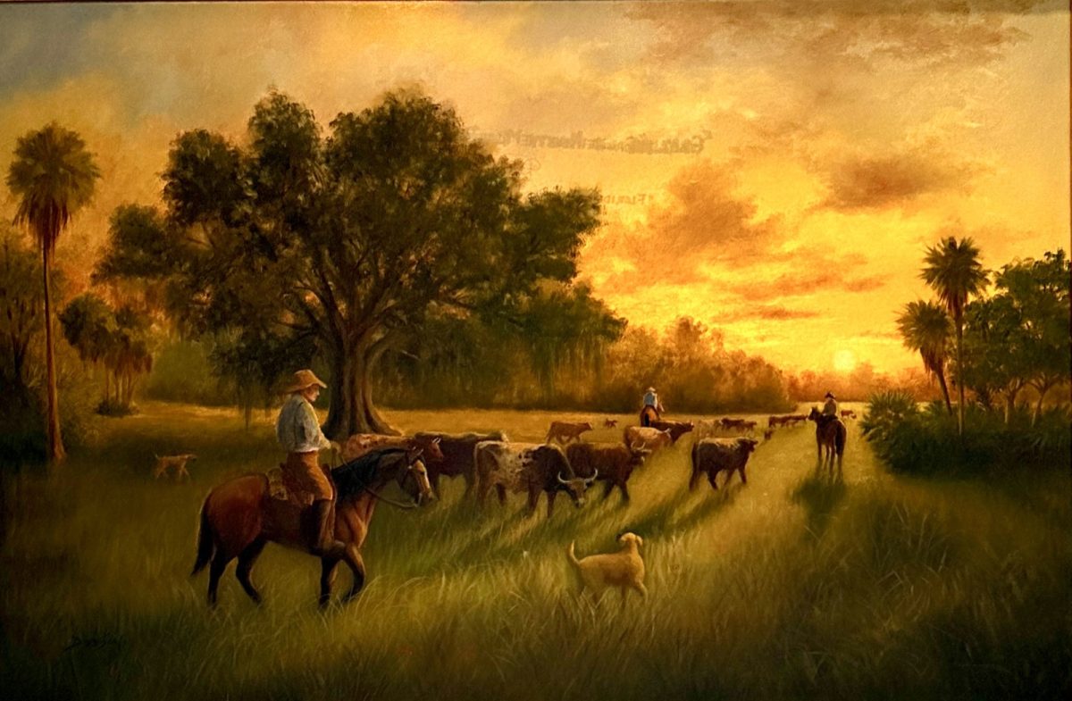 Cow hunters and their dogs drive cattle toward a Florida sunset in one of Dara Dodson's paintings inspired by 'A Land Remembered.'