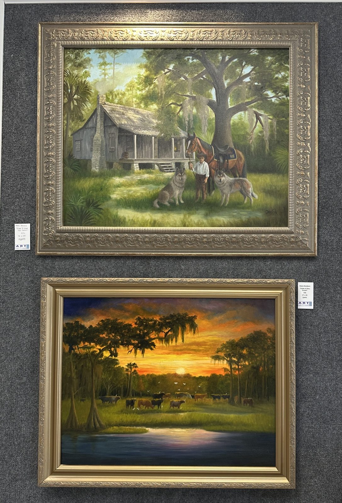 'Can I Come Too, Papa?' (top) and 'Under a Fiery Sunset,' both oils.