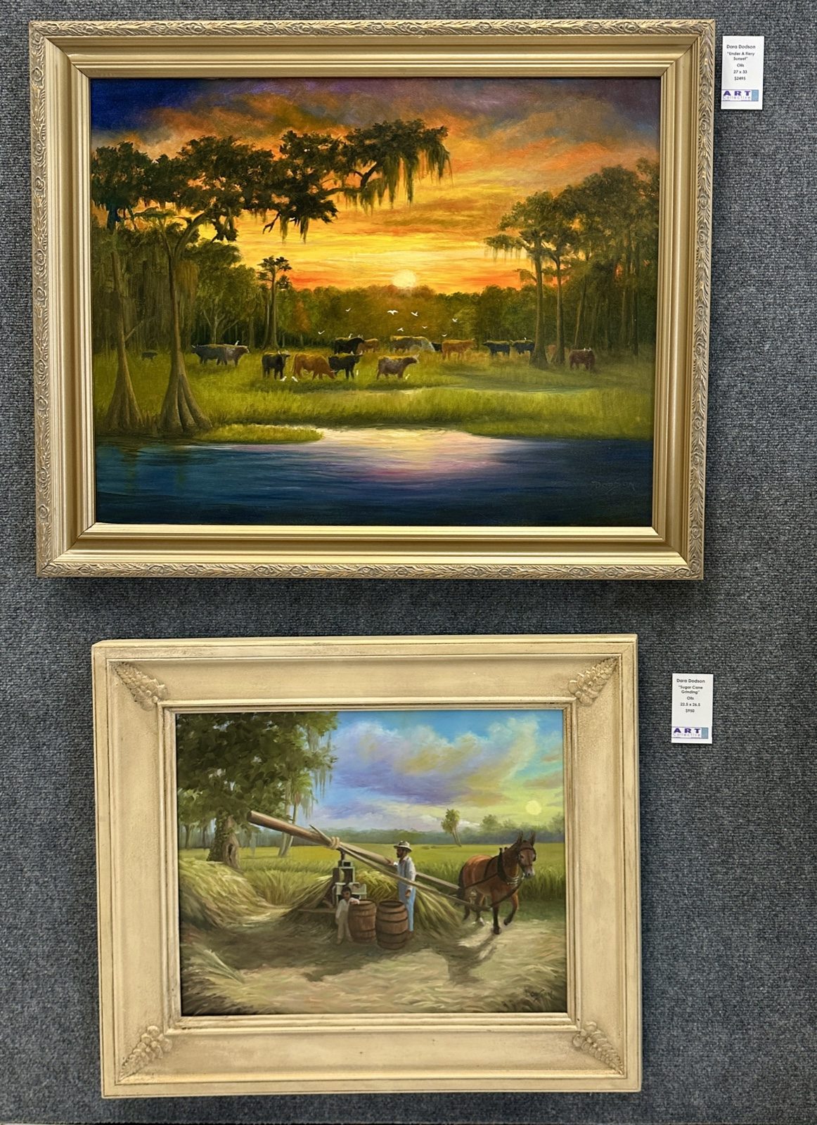 'Under a Fiery Sunset' (top) and 'Sugar Cane Grinding,' both oils.