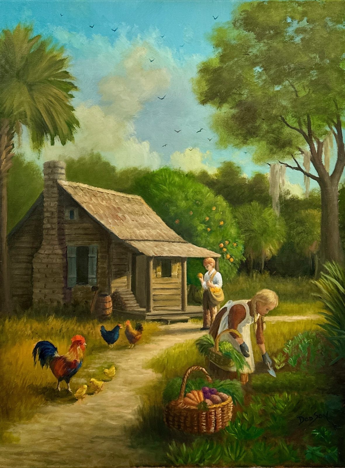 A pioneer family's garden and orange trees beside a log cabin.