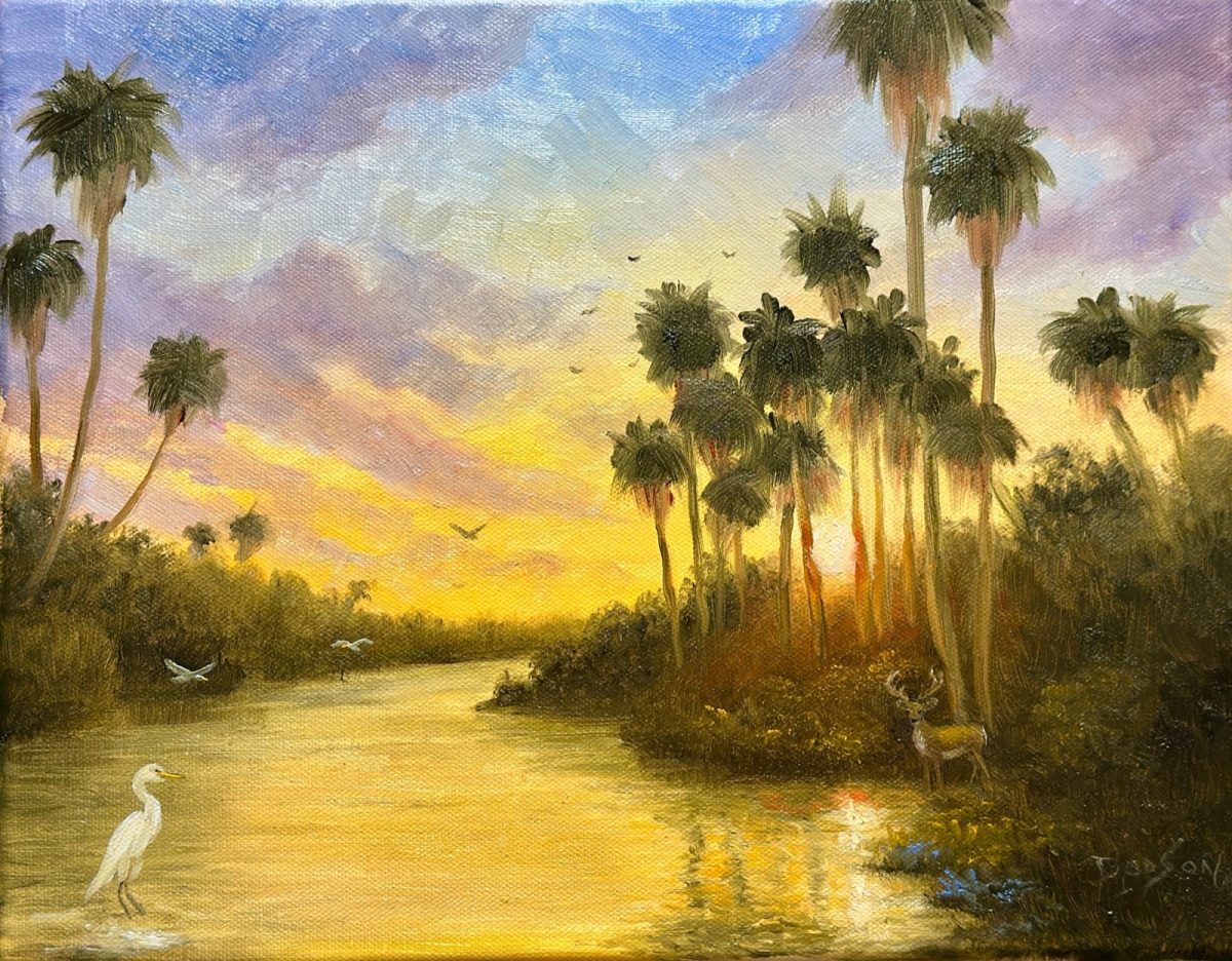 An egret and a white-tailed buck along a palm-lined Florida river at sunset.