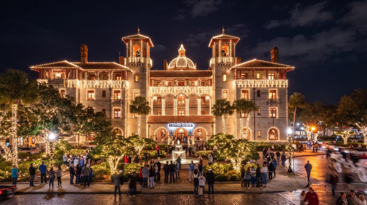Crowds gather outside the illuminated Lightner Museum during St. Augustine's annual Nights of Lights festival.