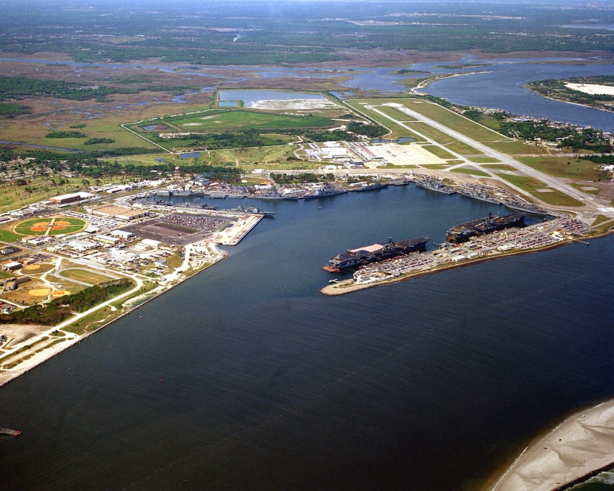 Naval Station Mayport from the air in 1993, with the carriers USS Saratoga (CV-60) and USS Constellation (CV-64) in port. Saratoga was based at Mayport from 1957 to 1994.