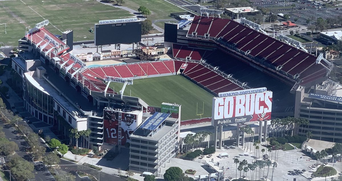 Raymond James Stadium from the air near Tampa International Airport.