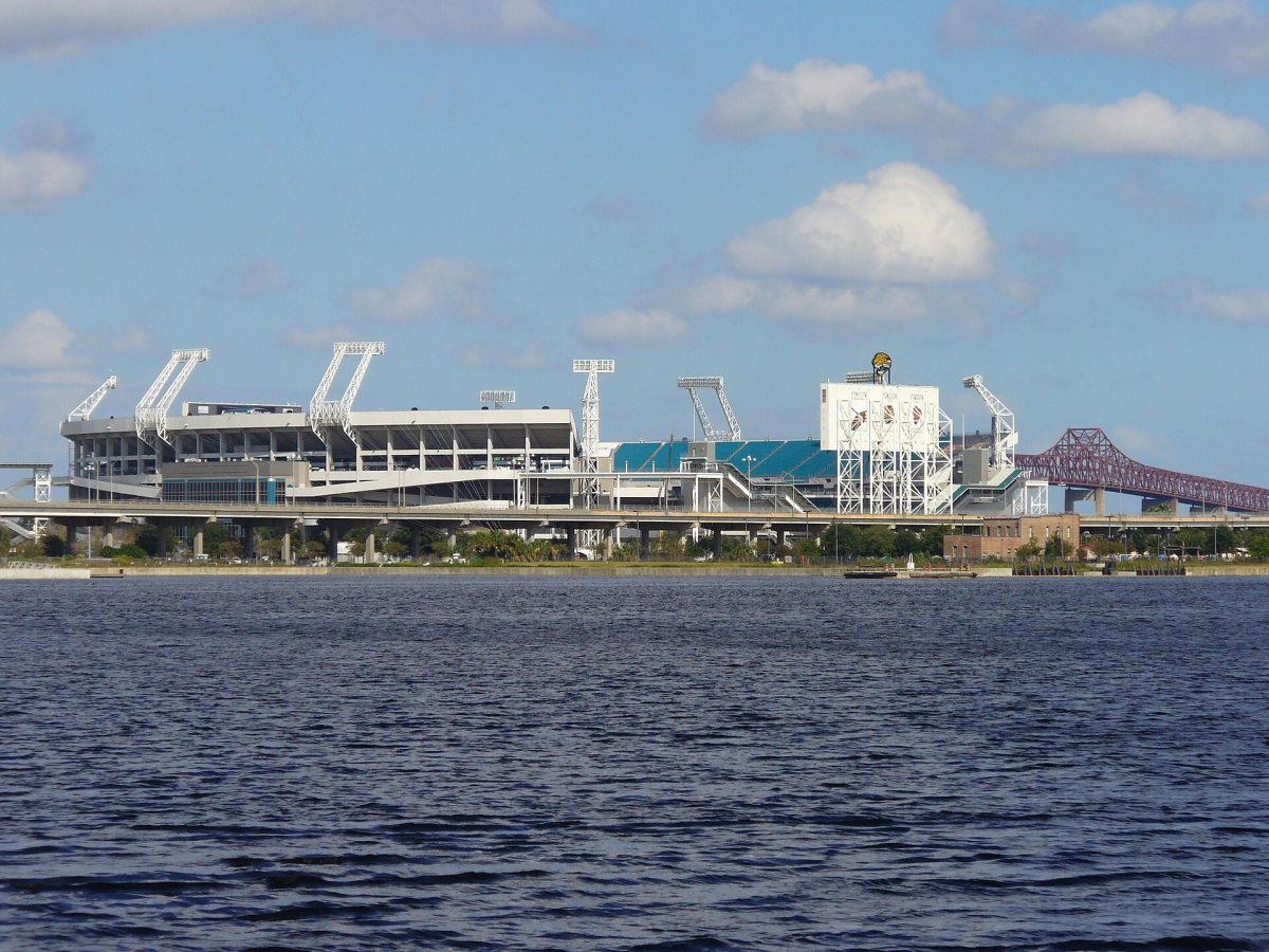 The Jacksonville stadium, then called Jacksonville Municipal Stadium, from the Southbank in 2008. The game is scheduled to return here in 2028.
