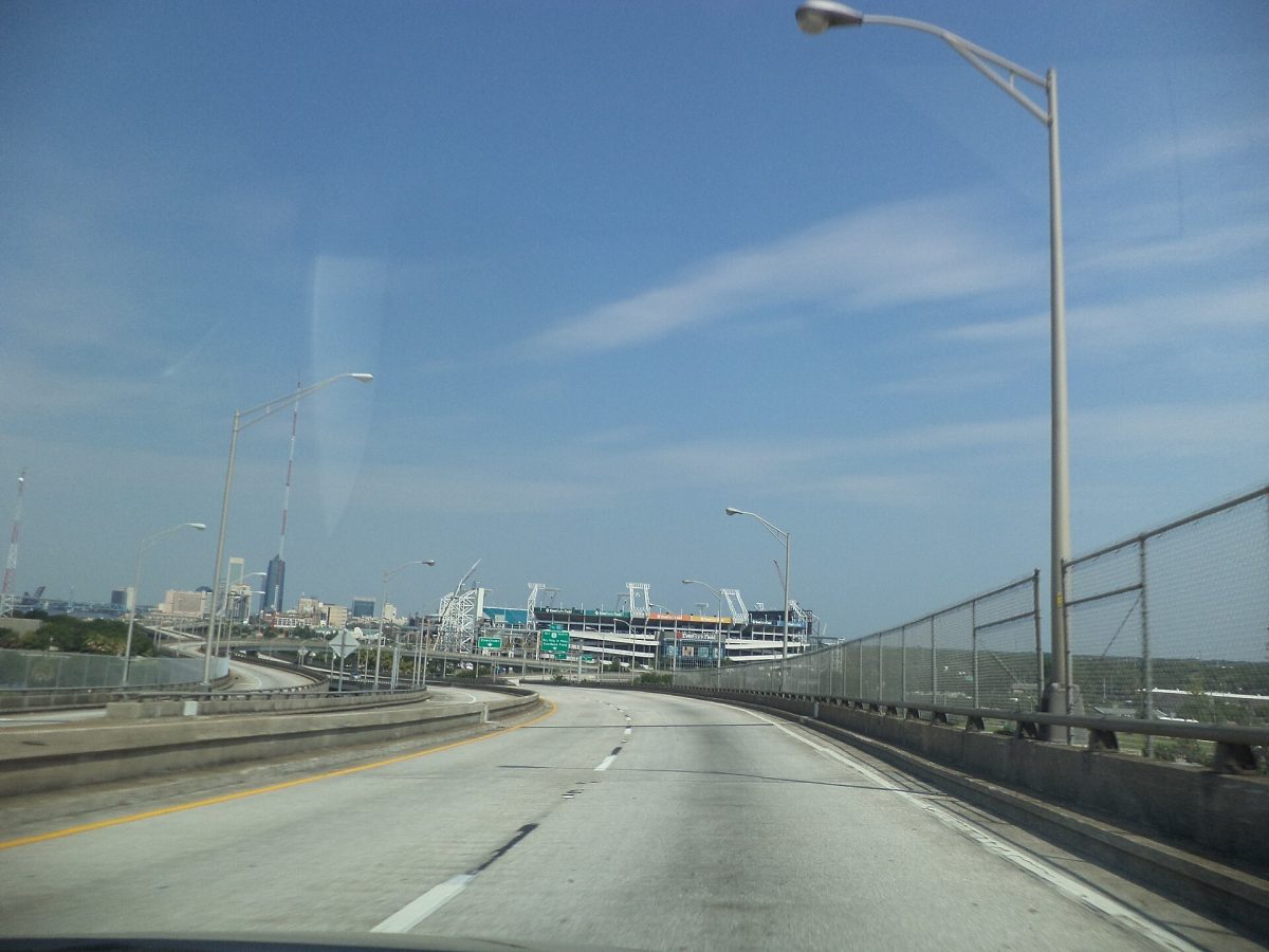 The stadium seen from the Hart Bridge.