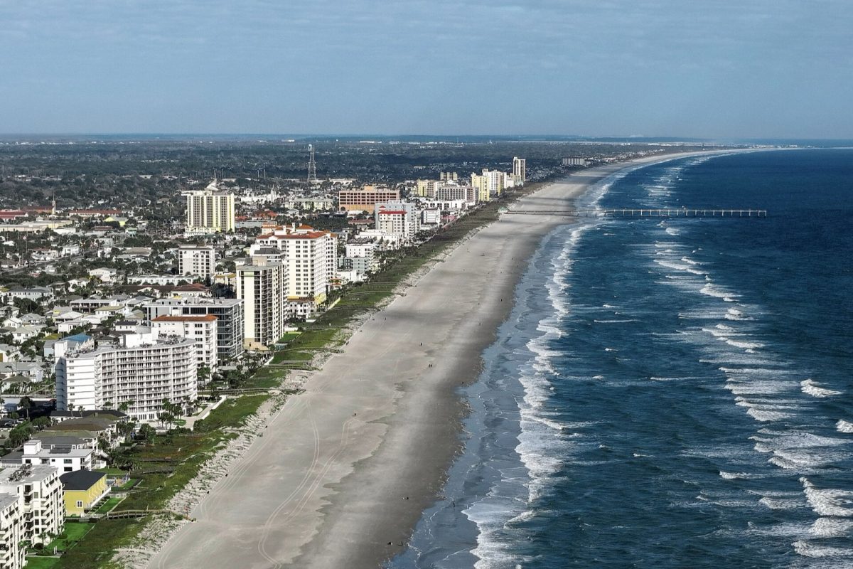 Jacksonville Beach from the air (file photo). The coastal flood warning now runs until 5 a.m. Wednesday, Oct. 28.